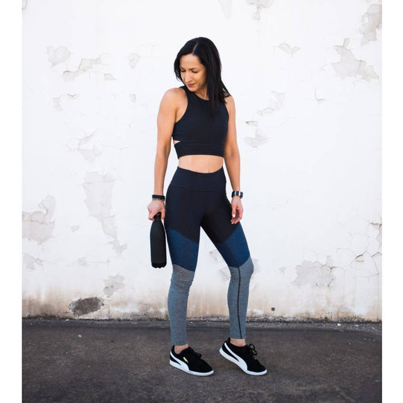 Outdoor Voices Leggings XS 7/8 Spring Black Blue Gray Colorblock High Rise - Picture 2 of 12